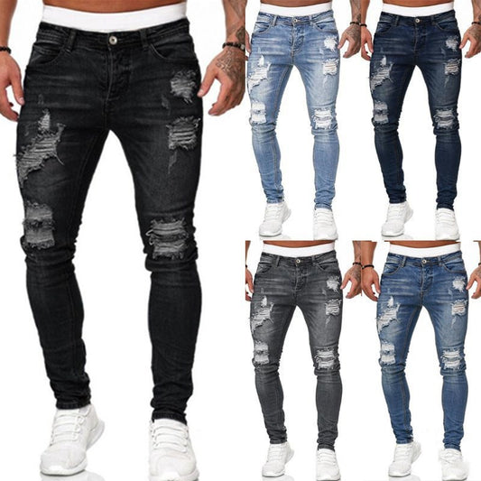 Fashion Street Style Ripped Skinny Jeans Men Vintage Wash Solid Denim Trouser Mens Casual Slim Fit Pencil Denim Pants