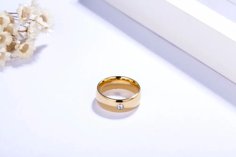 Fashion Wedding Rings for Women & Men AAA Zircon Simple 316L Stainless Steel Gold-Color Engagement Jewelry