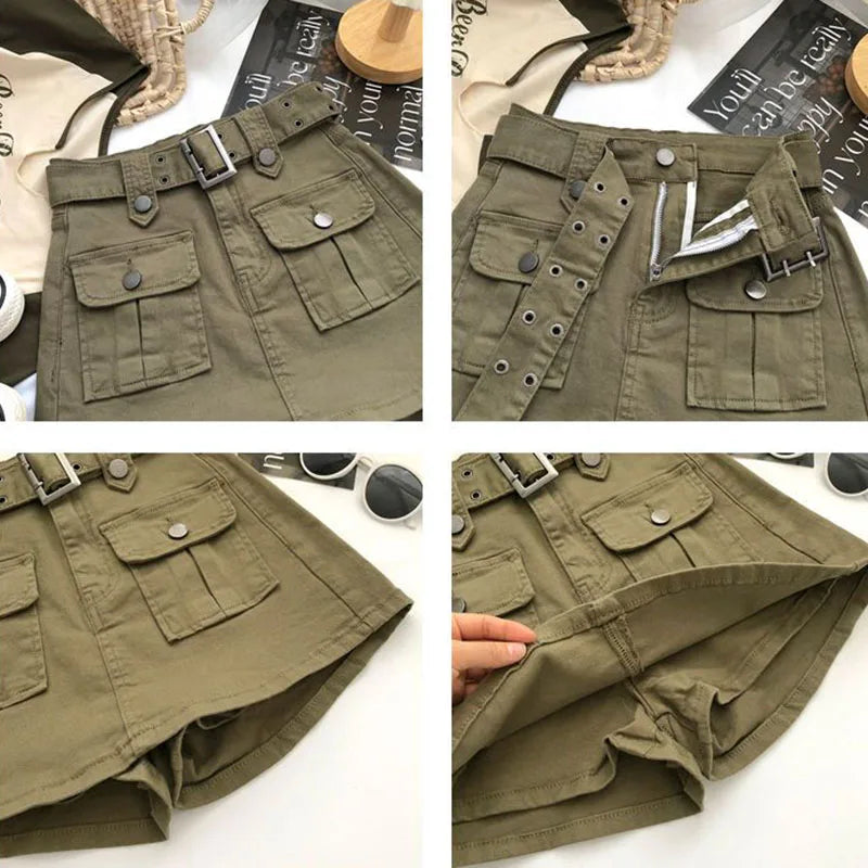 Lucyever Korean Style High Waist Mini Skirt Women Fashion with Belt Short Culotte Skirts Y2K Streetwear Big Pocket Cargo Skirts