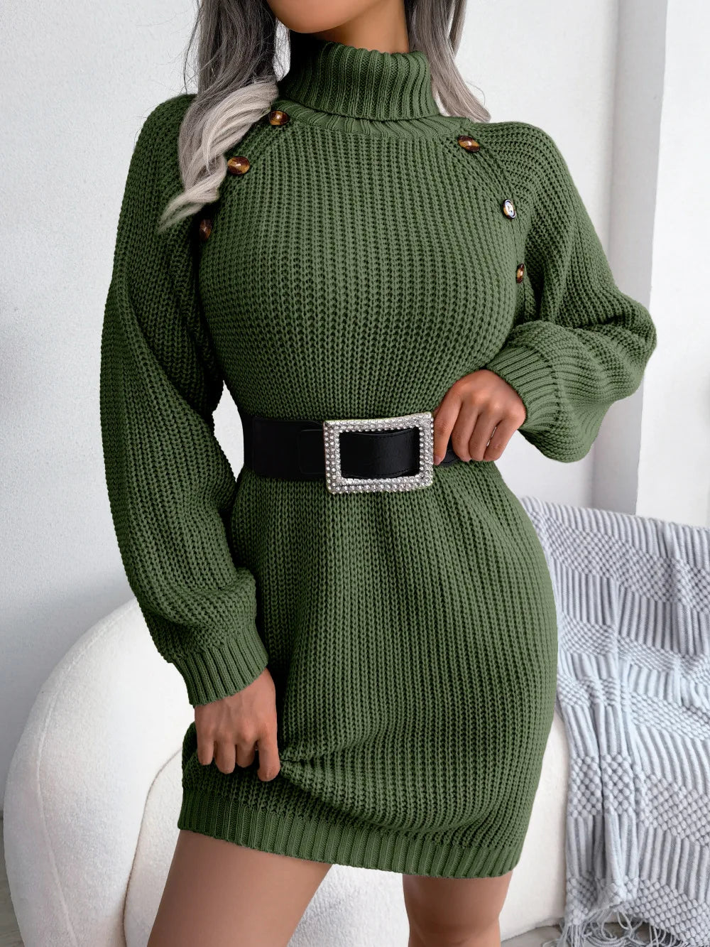 Women Dresses Long Sleeve Turtleneck Pullover Knitting Sweaters Dress Button High Street Vestidos Sexy Wrap Buttocks Elegant