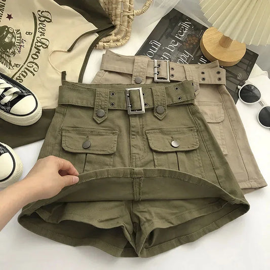 Lucyever Korean Style High Waist Mini Skirt Women Fashion with Belt Short Culotte Skirts Y2K Streetwear Big Pocket Cargo Skirts
