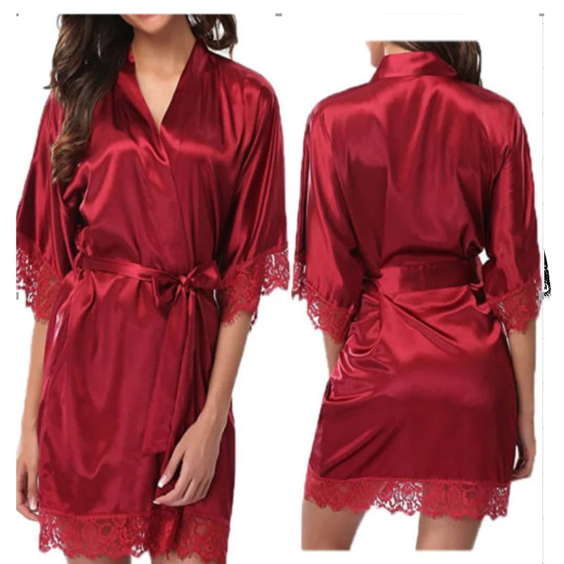 Women's New Robe Sexy Nightgown Ice Silk Underwear Home Lace Robe Bathrobe Sexy Ice Silk Large Size Pajama Dress Home Wear