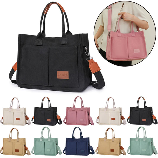 Women Stylish Crossbody Bag Large Capacity Canvas Simple Shopping Bag Solid Color Adjustable Strap Square Commuting Bag