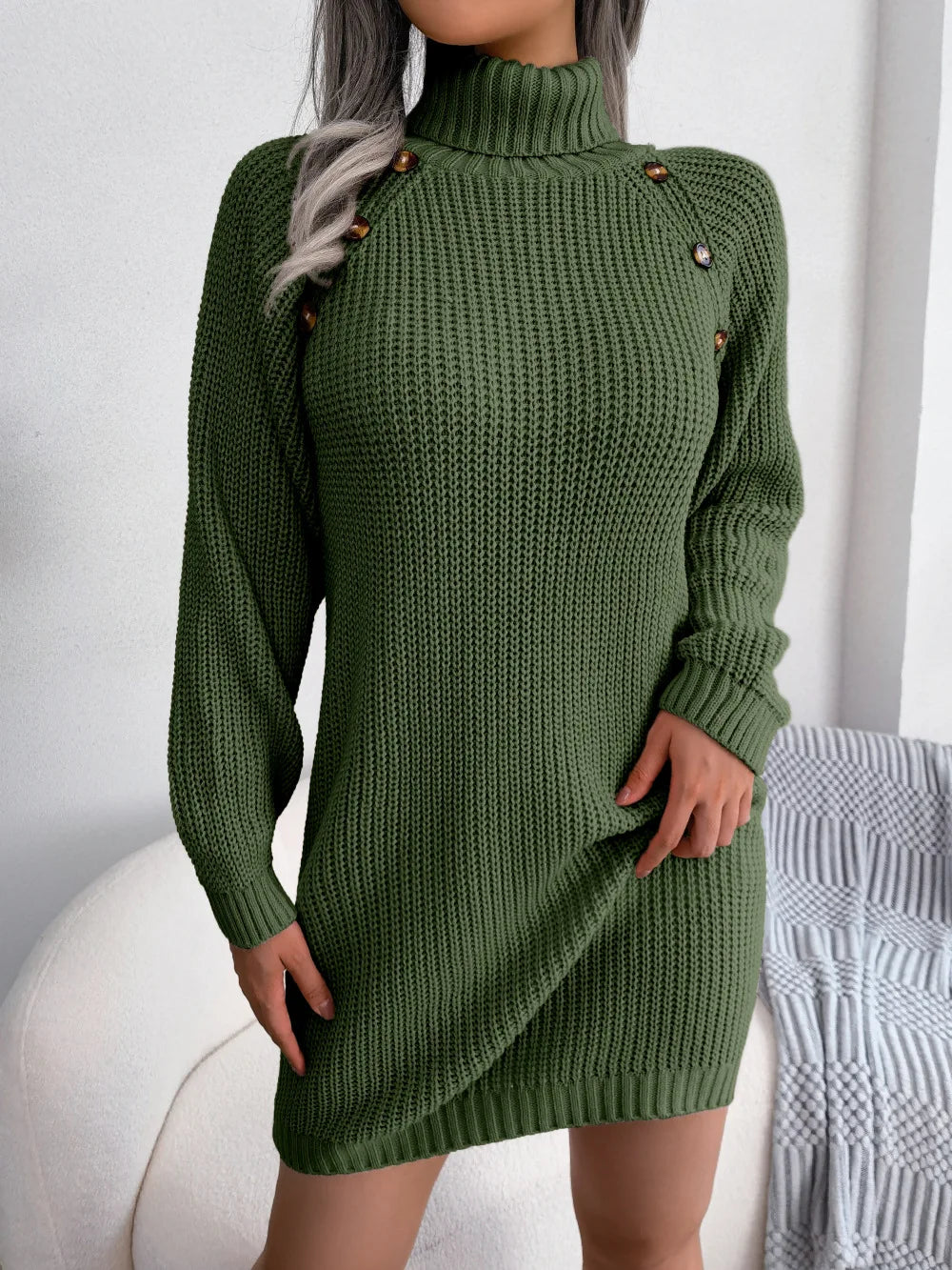 Women Dresses Long Sleeve Turtleneck Pullover Knitting Sweaters Dress Button High Street Vestidos Sexy Wrap Buttocks Elegant
