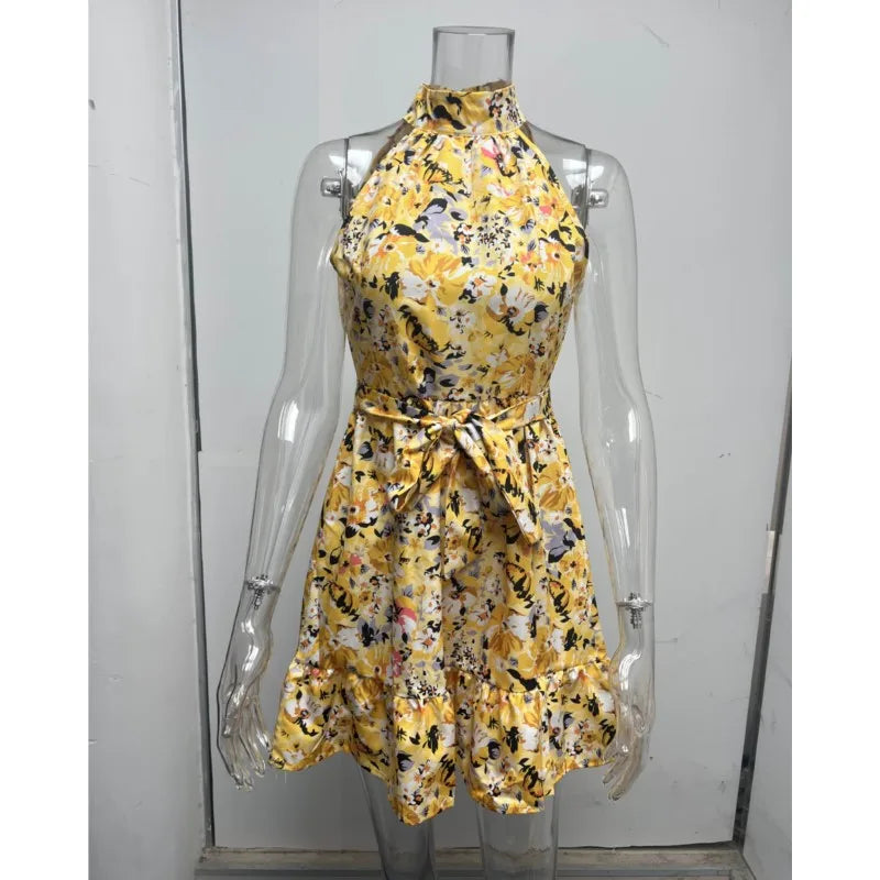 Lace Up Ruffle Hem Large Floral Sleeveless Dress For Women's Wear Polyester Vestidos De Verano Para Mujer Vestiti Donna Eleganti