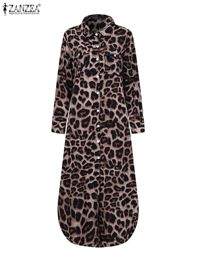 ZANZEA Women Leopard Print Dress Summer 2024 Half Sleeve Robe Sexy Split Long Evening Dress Female Office Midi Vestidos Oversize