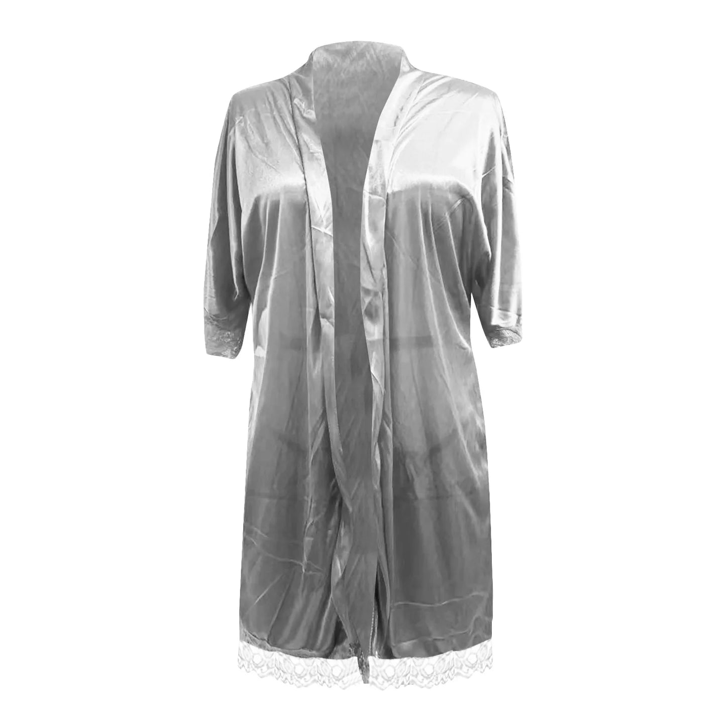 Sexy Lace Satin Robe For Women Wedding Kimono Drawstring Waist Solid Color Sleepwear Bathrobe With Pockets Women's Lingerie