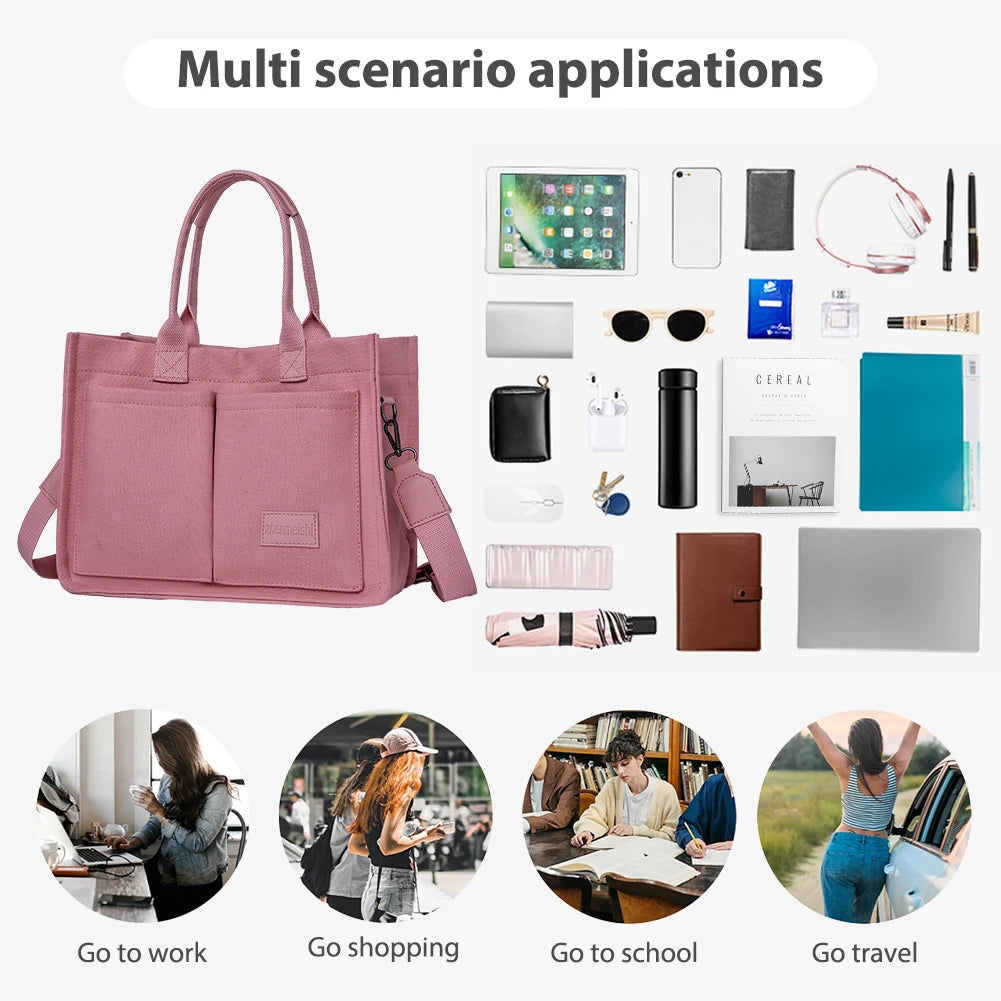 Women Stylish Crossbody Bag Large Capacity Canvas Simple Shopping Bag Solid Color Adjustable Strap Square Commuting Bag