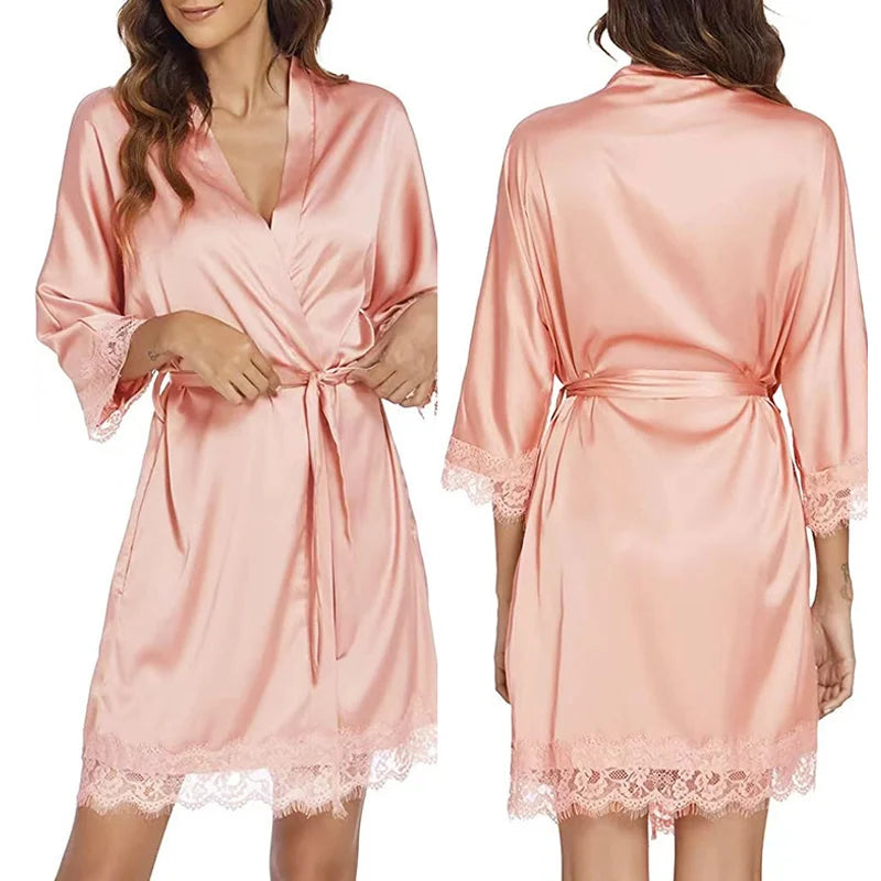 Women's New Robe Sexy Nightgown Ice Silk Underwear Home Lace Robe Bathrobe Sexy Ice Silk Large Size Pajama Dress Home Wear