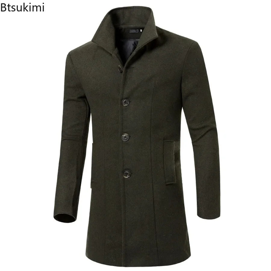2024 Men's Warm Woolen Trench Jacket Solid Slim Woollen Jacket Coats Male Fashion Windproof Stand Collar Long Outwear for Men