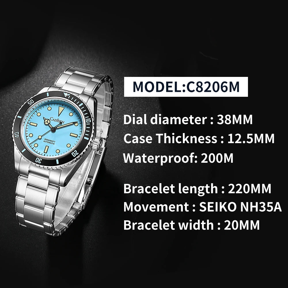 CADISEN Water Ghost Series Classic Blue Dial Luxury Men Automatic Watches Stainless Steel 200m Waterproof NH35 Mechanical Watch