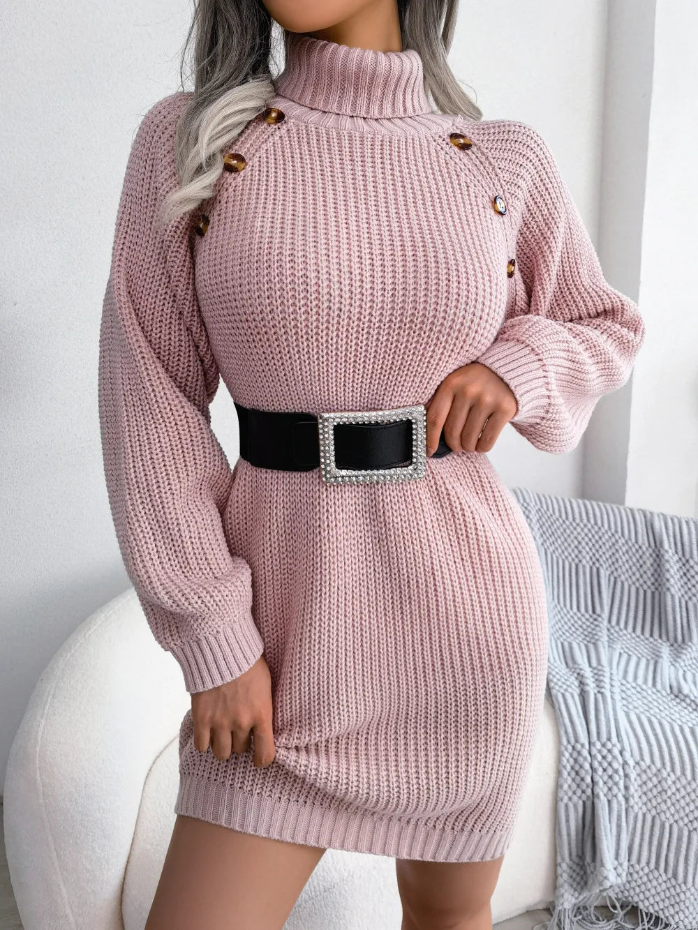 Women Dresses Long Sleeve Turtleneck Pullover Knitting Sweaters Dress Button High Street Vestidos Sexy Wrap Buttocks Elegant