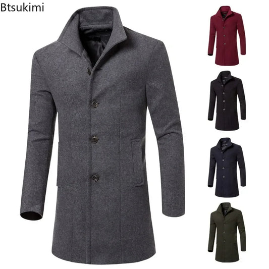 2024 Men's Warm Woolen Trench Jacket Solid Slim Woollen Jacket Coats Male Fashion Windproof Stand Collar Long Outwear for Men