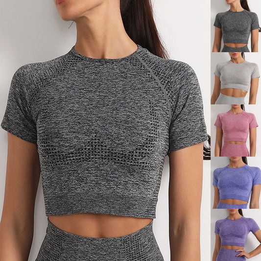 Summer Women's Sports Yoga Top Short Sleeve High Elastic Tight Fitness Athletic Shirt Solid Color Crop Top Female Clothing 2024