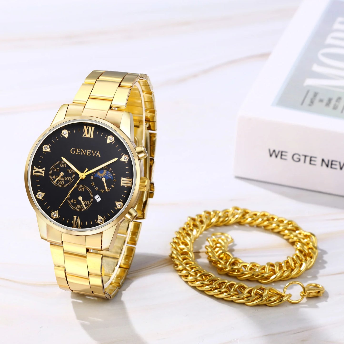 LANCARDO Men Waterproof Watch Decorative Rhinestone Date Quartz Luminous Hands Dial Stainless Steel Watch Bracelet Business Set