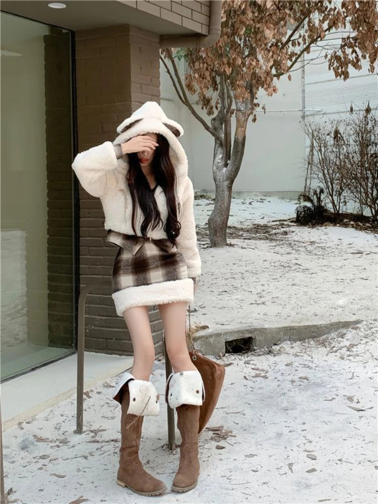 2024 Spring Japanese Style Kawaii Warm Suit Outwear Casual Coat + Slim Plaid Y2k Mini Skirt Party Sweet Cute Sets Woman Design