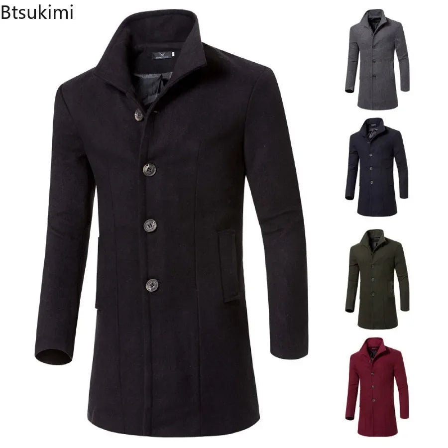 2024 Men's Warm Woolen Trench Jacket Solid Slim Woollen Jacket Coats Male Fashion Windproof Stand Collar Long Outwear for Men