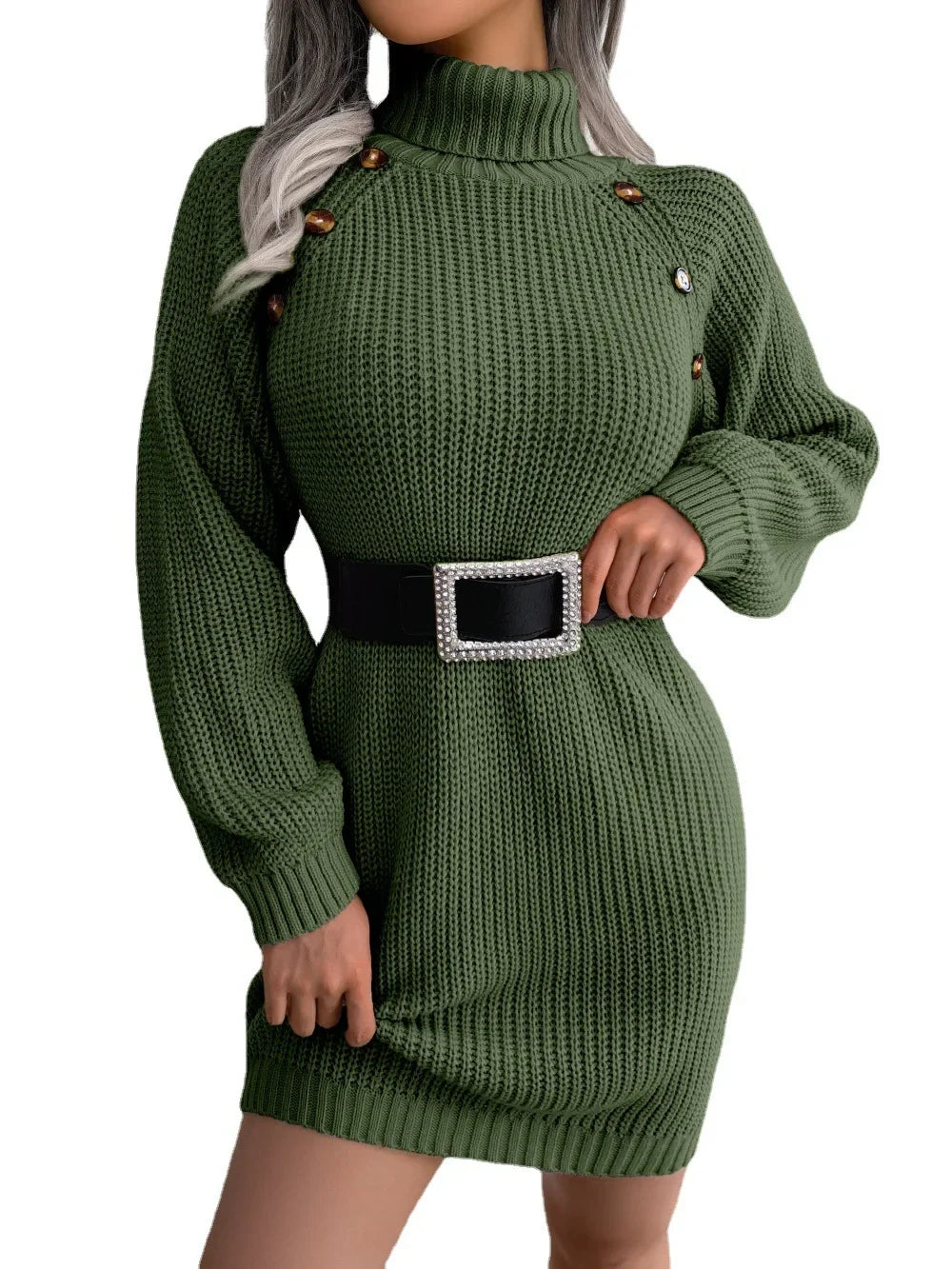 Women Dresses Long Sleeve Turtleneck Pullover Knitting Sweaters Dress Button High Street Vestidos Sexy Wrap Buttocks Elegant
