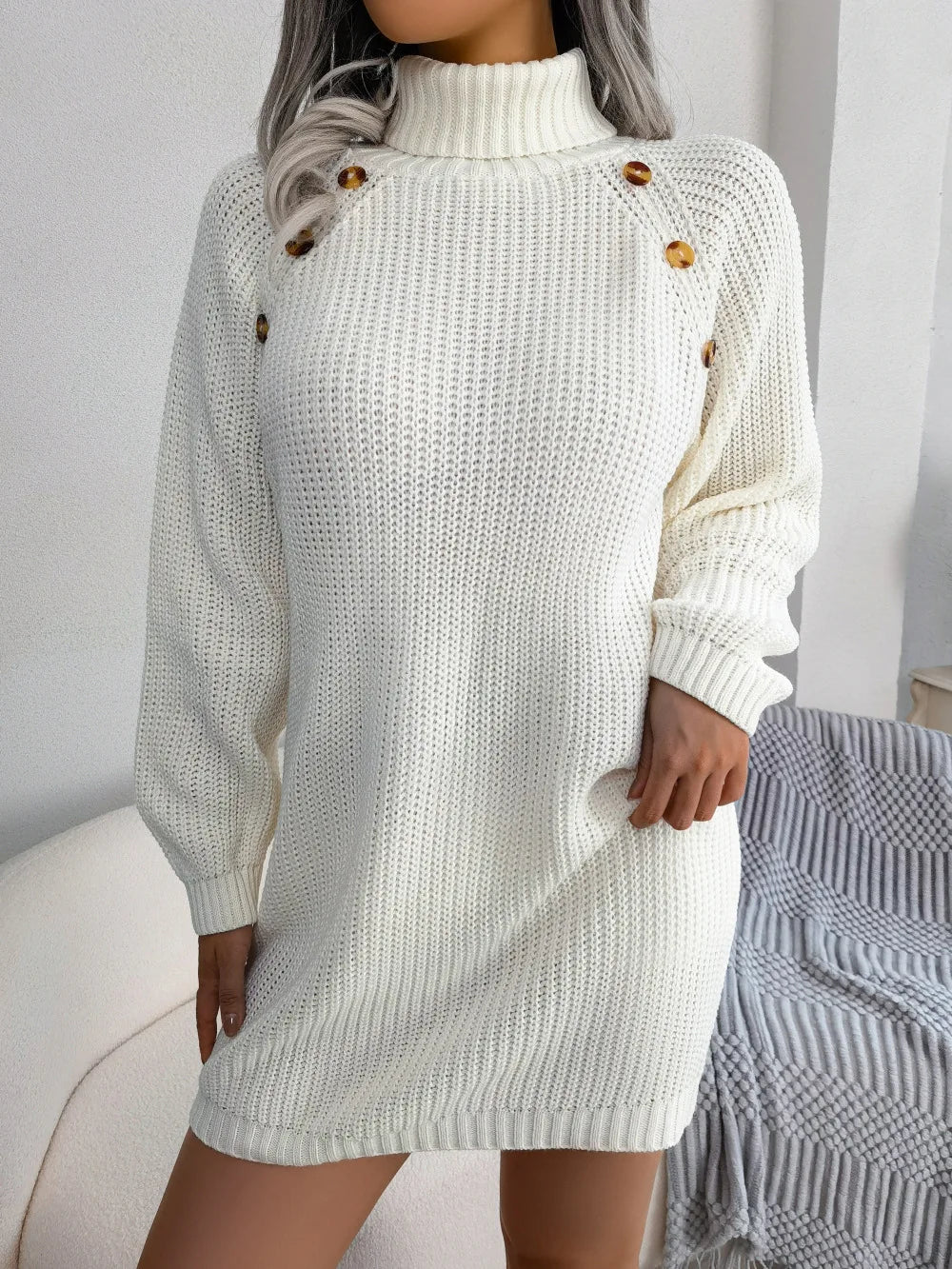 Women Dresses Long Sleeve Turtleneck Pullover Knitting Sweaters Dress Button High Street Vestidos Sexy Wrap Buttocks Elegant