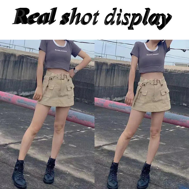 Lucyever Korean Style High Waist Mini Skirt Women Fashion with Belt Short Culotte Skirts Y2K Streetwear Big Pocket Cargo Skirts