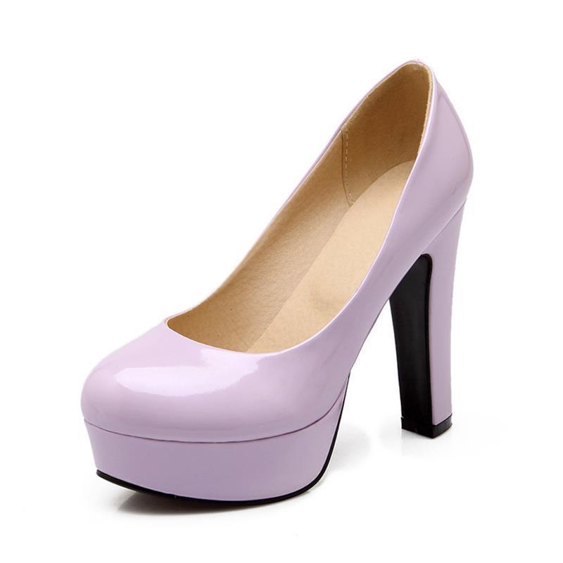 European And American Patent Leather Ladies High Heels Pumps Round Toe Water Platform Thick Heel Shoes