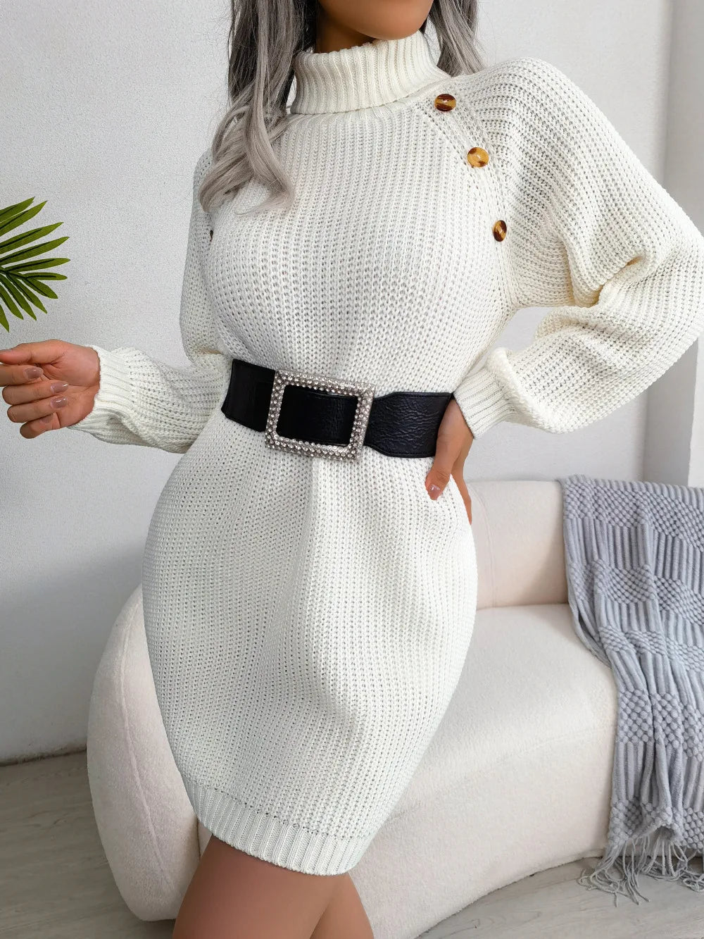 Women Dresses Long Sleeve Turtleneck Pullover Knitting Sweaters Dress Button High Street Vestidos Sexy Wrap Buttocks Elegant