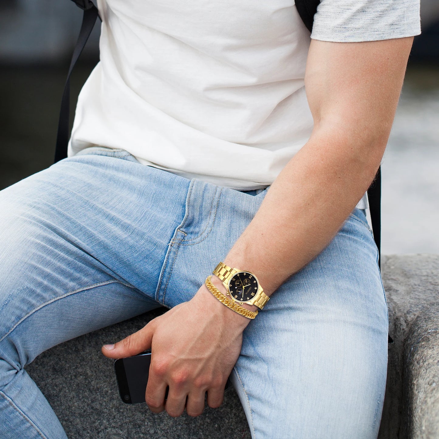 LANCARDO Men Waterproof Watch Decorative Rhinestone Date Quartz Luminous Hands Dial Stainless Steel Watch Bracelet Business Set