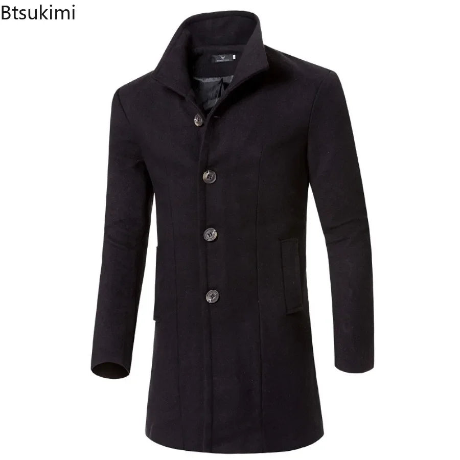 2024 Men's Warm Woolen Trench Jacket Solid Slim Woollen Jacket Coats Male Fashion Windproof Stand Collar Long Outwear for Men