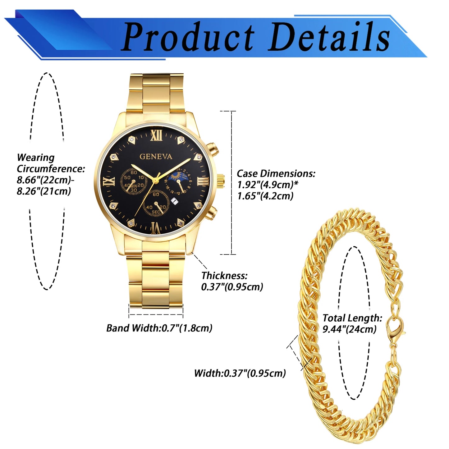 LANCARDO Men Waterproof Watch Decorative Rhinestone Date Quartz Luminous Hands Dial Stainless Steel Watch Bracelet Business Set