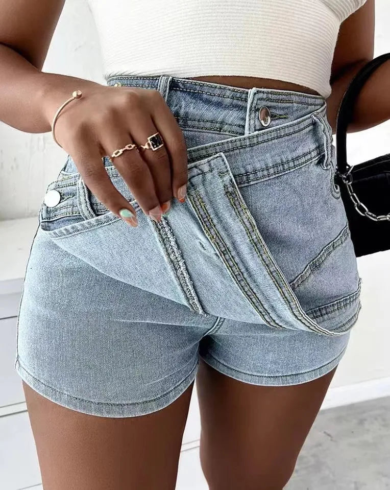 Fashion Women Denim Mini Skirt Rave Street Wrap Stretch Irregular A-Line Skinny Cargo Jeans Short Mujer Lady Outwear Shorts y2k