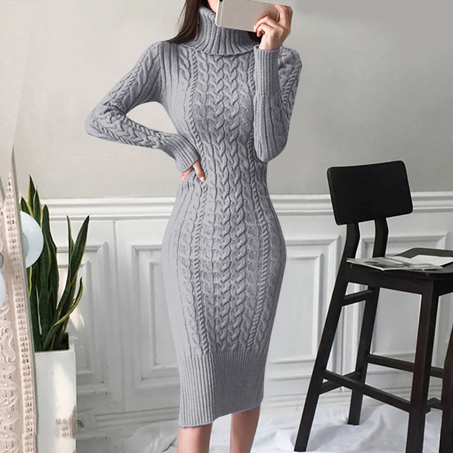 Women's Knitted Dress Turtleneck Long Sleeve Slim and Slim Mid-length Over-the-knee Dress In Autumn Winter Long Dress Sweater