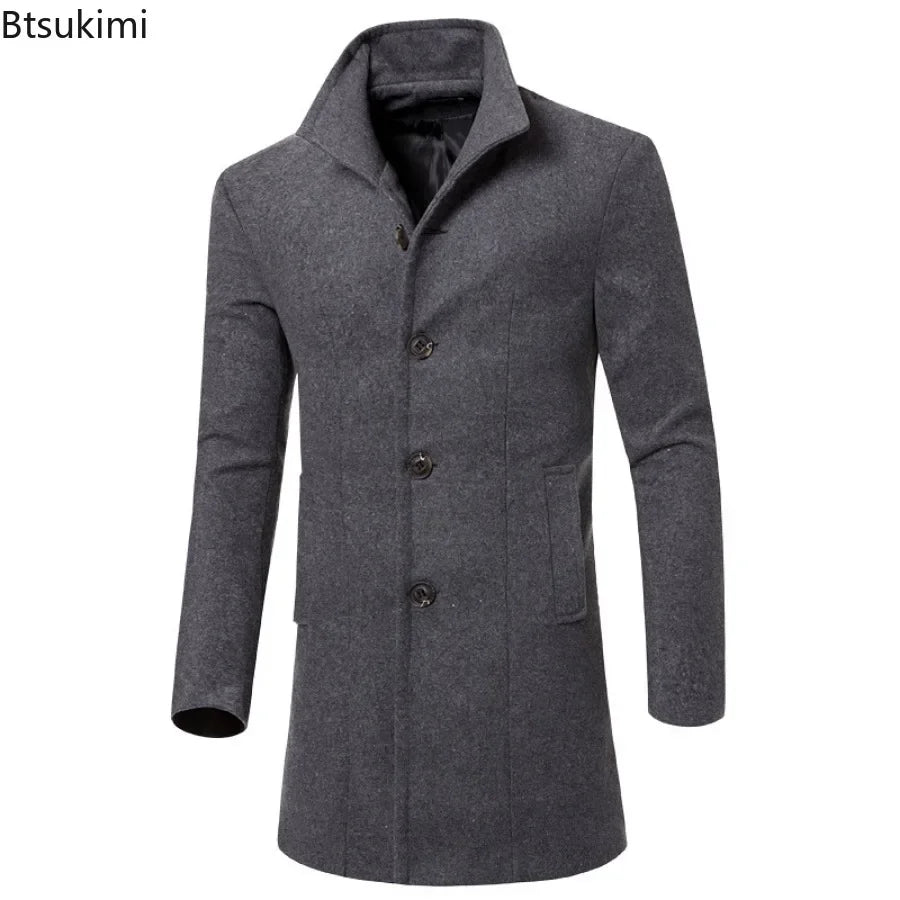 2024 Men's Warm Woolen Trench Jacket Solid Slim Woollen Jacket Coats Male Fashion Windproof Stand Collar Long Outwear for Men