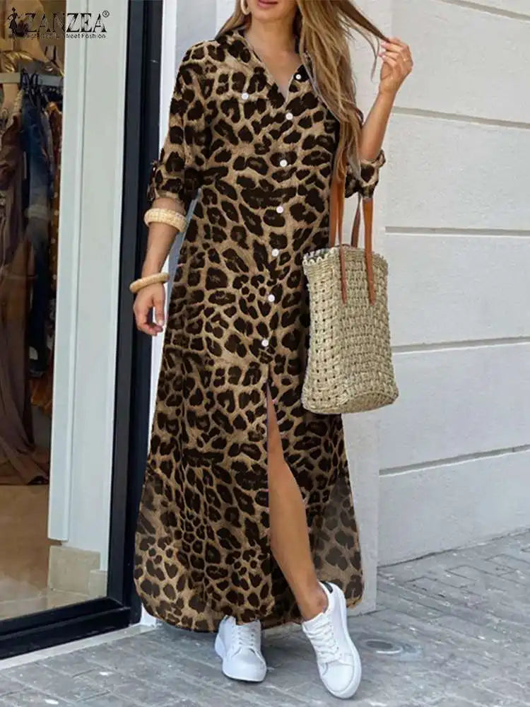 ZANZEA Women Leopard Print Dress Summer 2024 Half Sleeve Robe Sexy Split Long Evening Dress Female Office Midi Vestidos Oversize