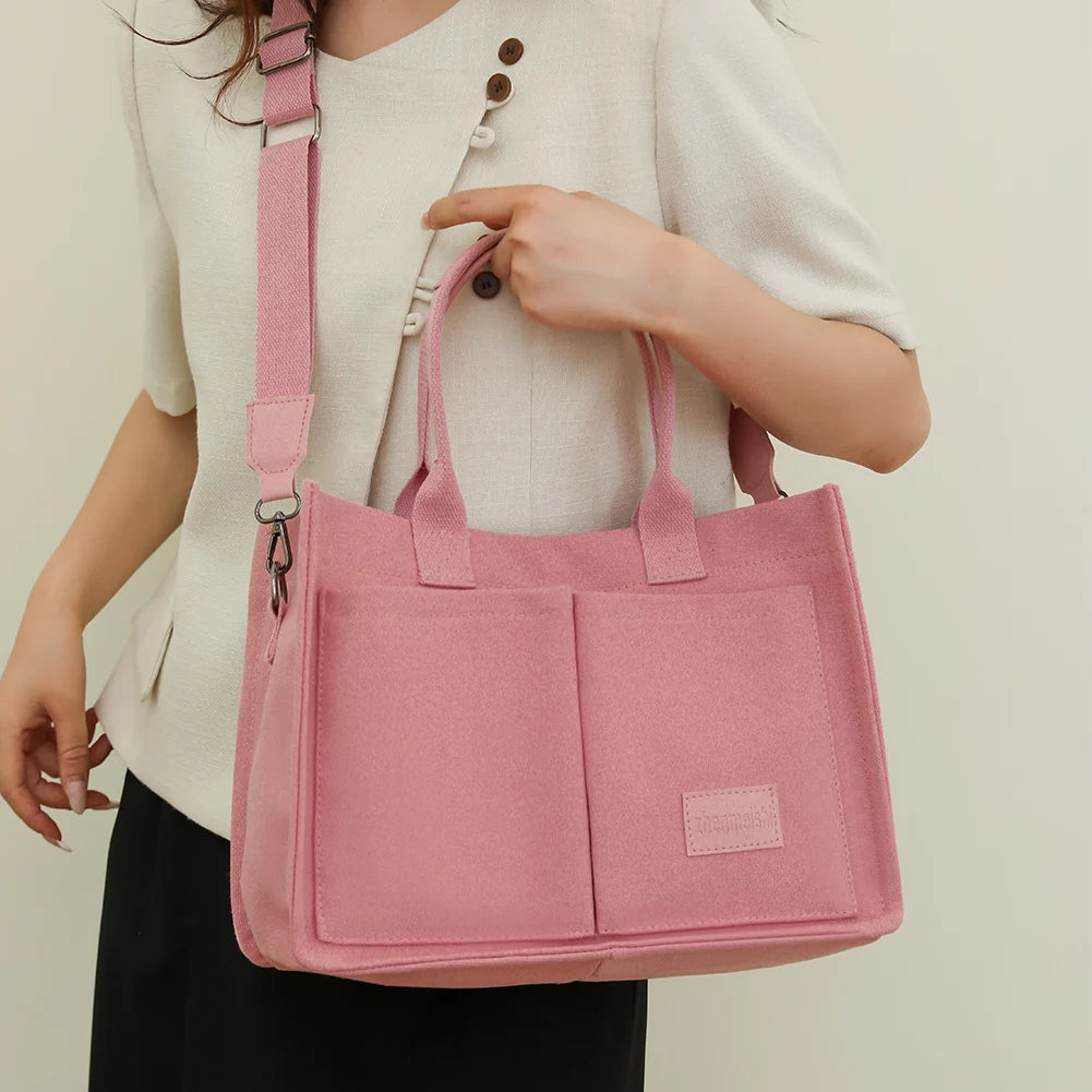 Women Stylish Crossbody Bag Large Capacity Canvas Simple Shopping Bag Solid Color Adjustable Strap Square Commuting Bag