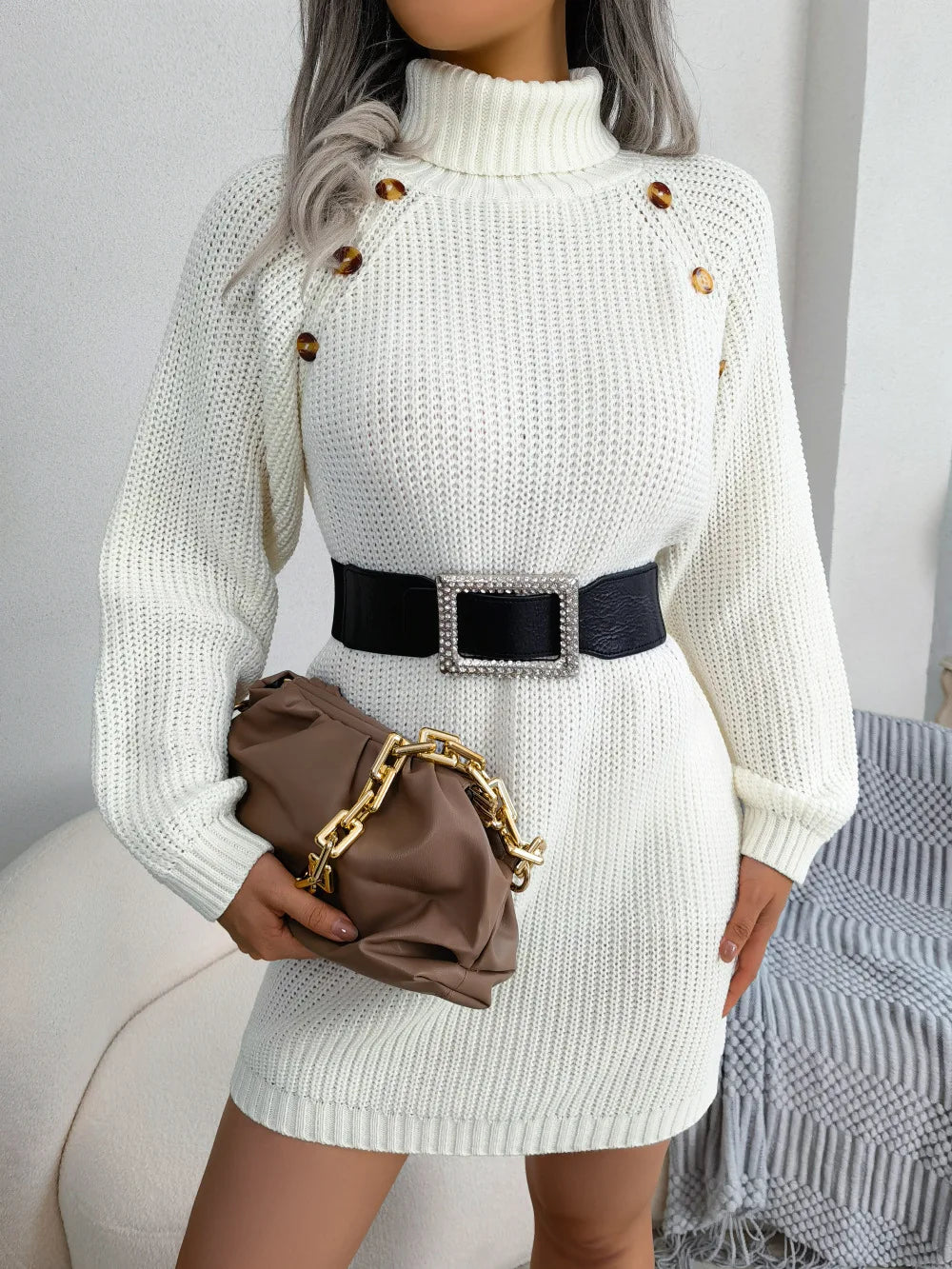 Women Dresses Long Sleeve Turtleneck Pullover Knitting Sweaters Dress Button High Street Vestidos Sexy Wrap Buttocks Elegant