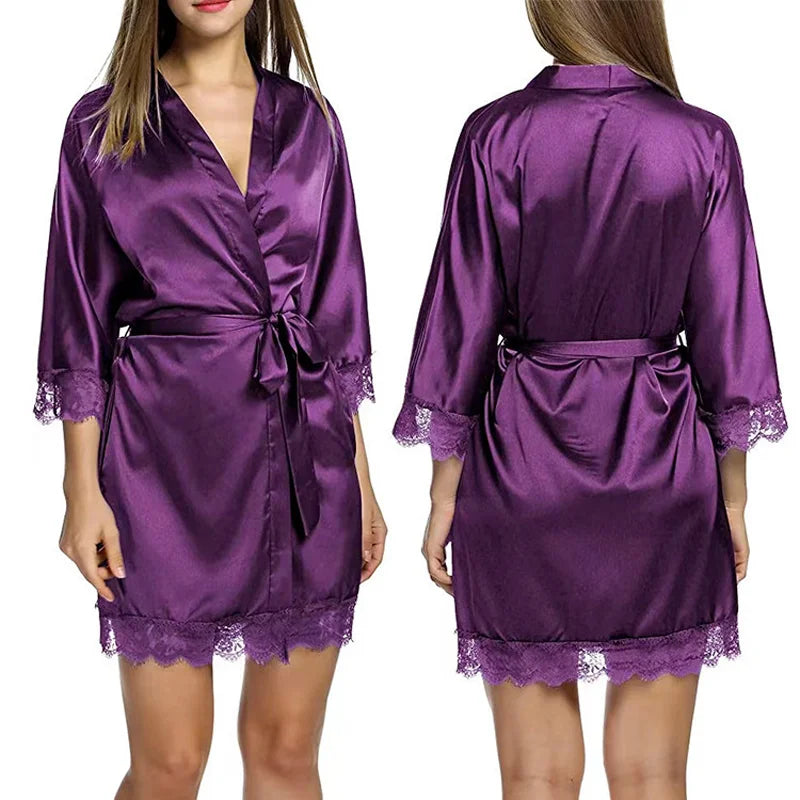 Women's New Robe Sexy Nightgown Ice Silk Underwear Home Lace Robe Bathrobe Sexy Ice Silk Large Size Pajama Dress Home Wear