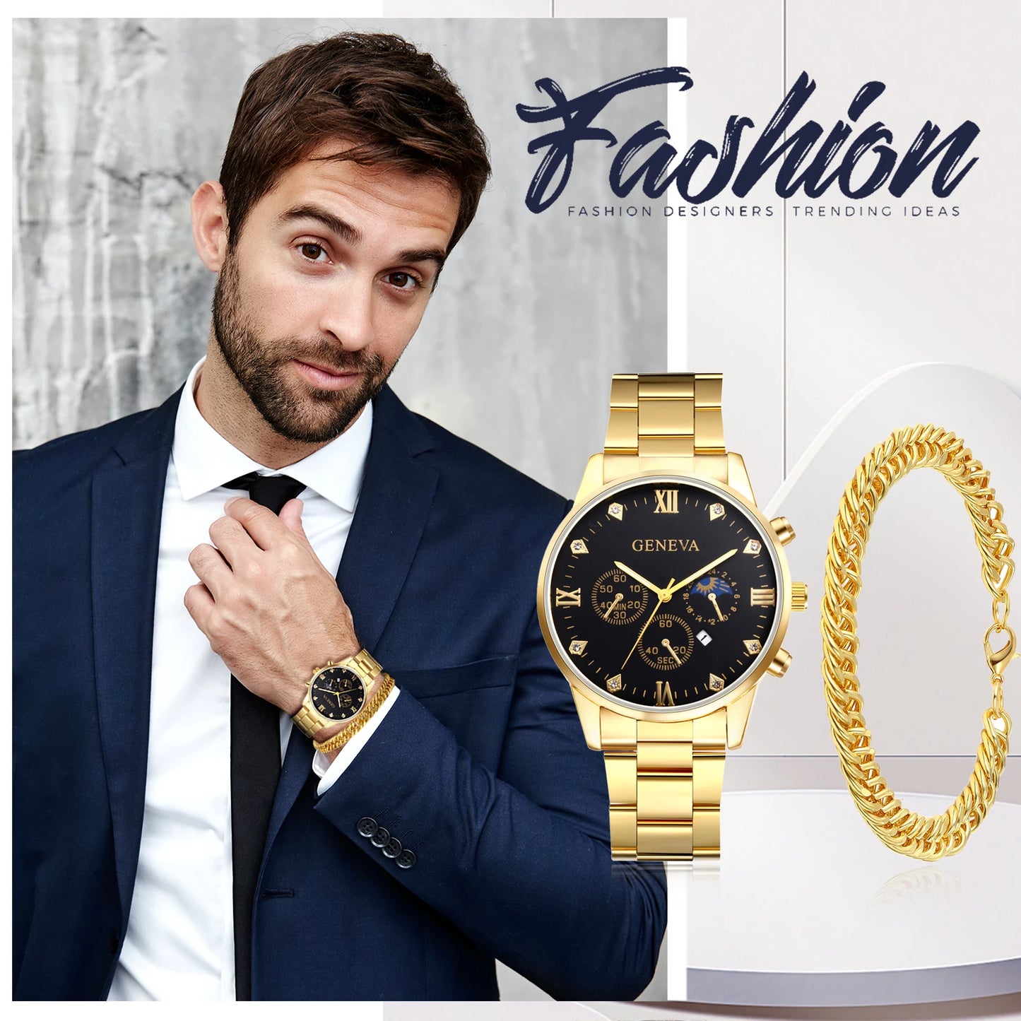 LANCARDO Men Waterproof Watch Decorative Rhinestone Date Quartz Luminous Hands Dial Stainless Steel Watch Bracelet Business Set