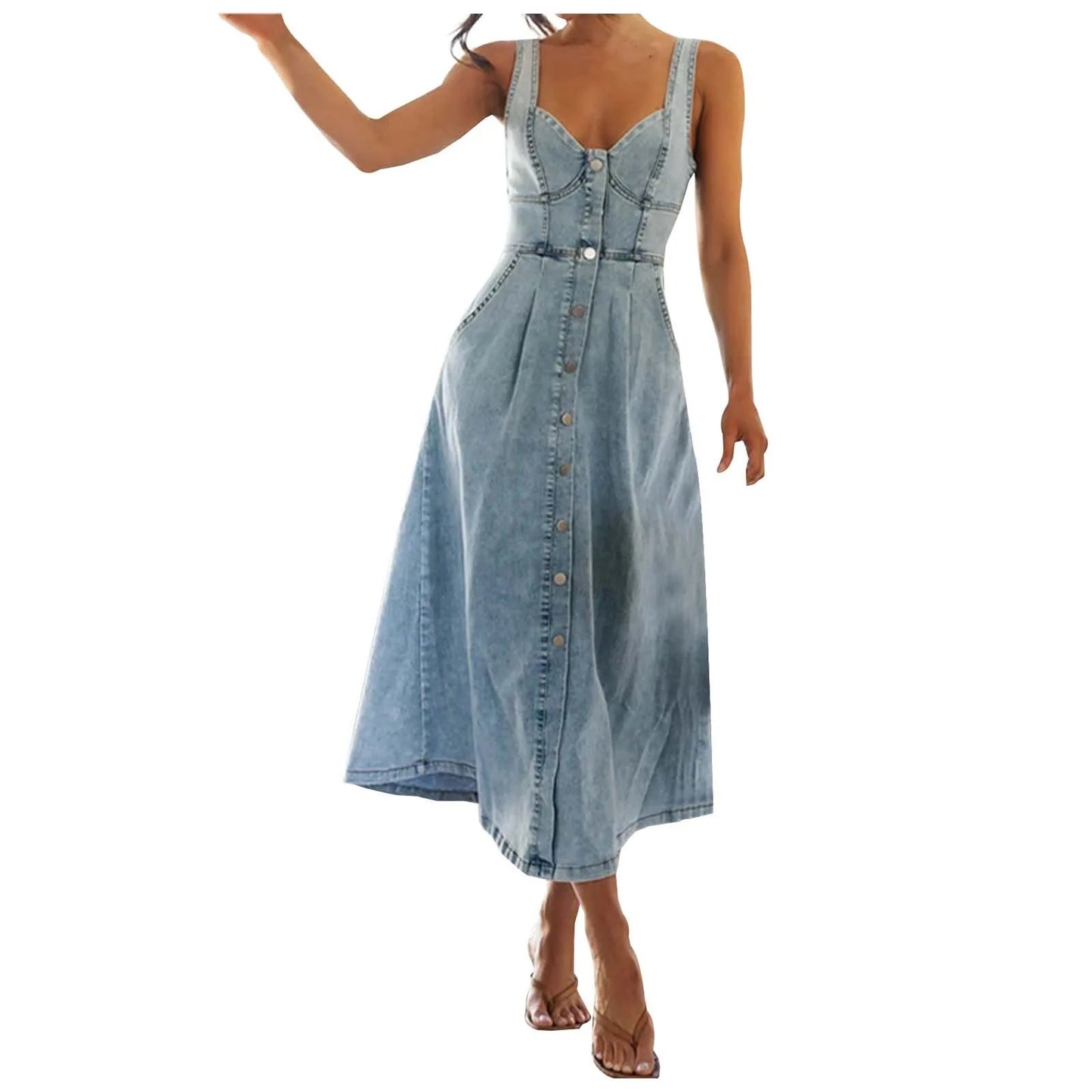 Women's Fashion Denim Long Dresses High Waist Sling Sleeveless V Neck Elegant Maxi Dress Female Slim Fit Backless Dress Vestidos