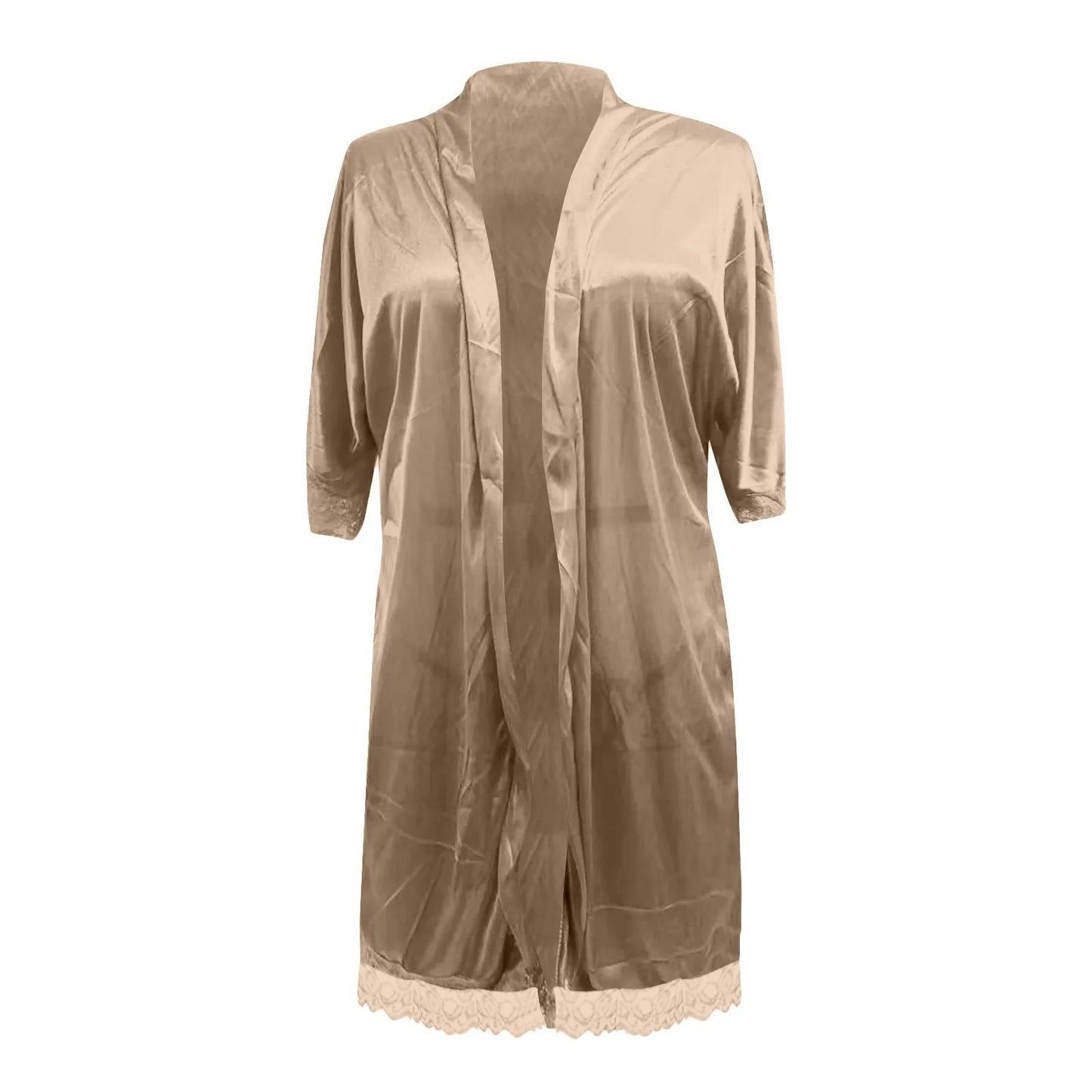 Sexy Lace Satin Robe For Women Wedding Kimono Drawstring Waist Solid Color Sleepwear Bathrobe With Pockets Women's Lingerie