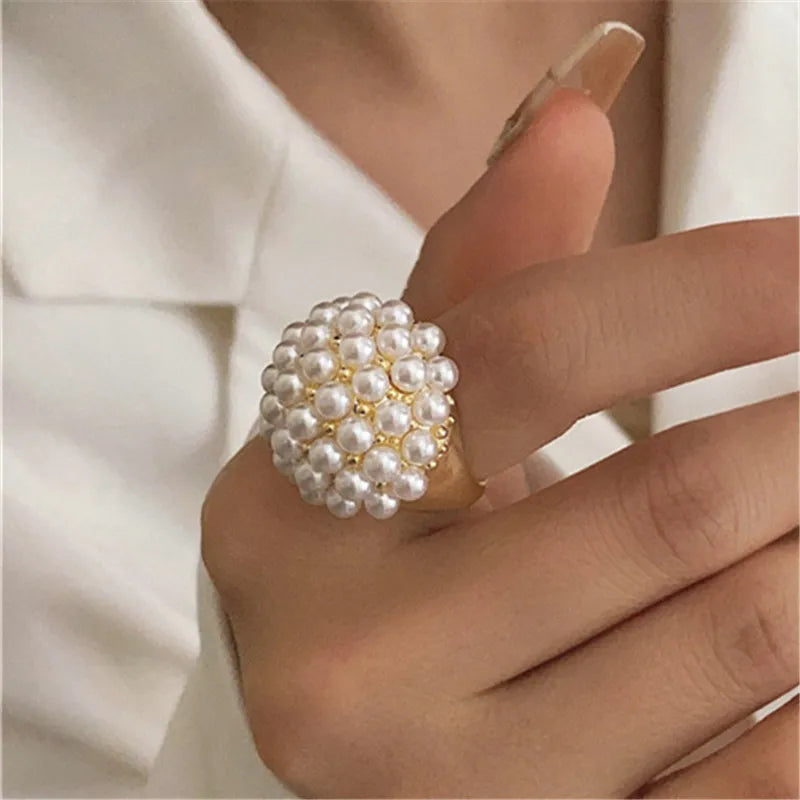 XIALUOKE Fashion Metal Mushroom Hairstyle Pearl Rings For Women Ladies Travel Party Wedding Jewelry Accessories