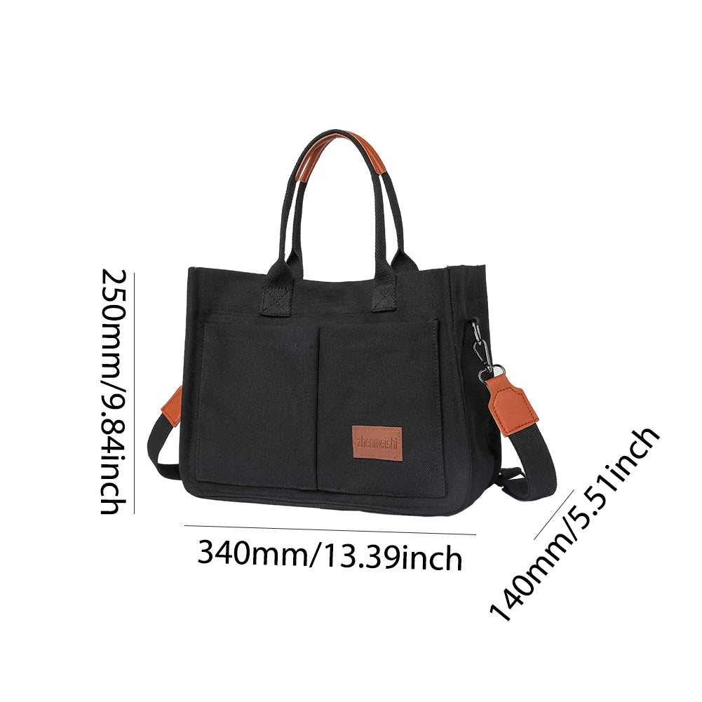 Women Stylish Crossbody Bag Large Capacity Canvas Simple Shopping Bag Solid Color Adjustable Strap Square Commuting Bag