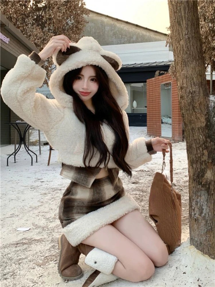 2024 Spring Japanese Style Kawaii Warm Suit Outwear Casual Coat + Slim Plaid Y2k Mini Skirt Party Sweet Cute Sets Woman Design