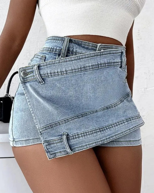 Fashion Women Denim Mini Skirt Rave Street Wrap Stretch Irregular A-Line Skinny Cargo Jeans Short Mujer Lady Outwear Shorts y2k