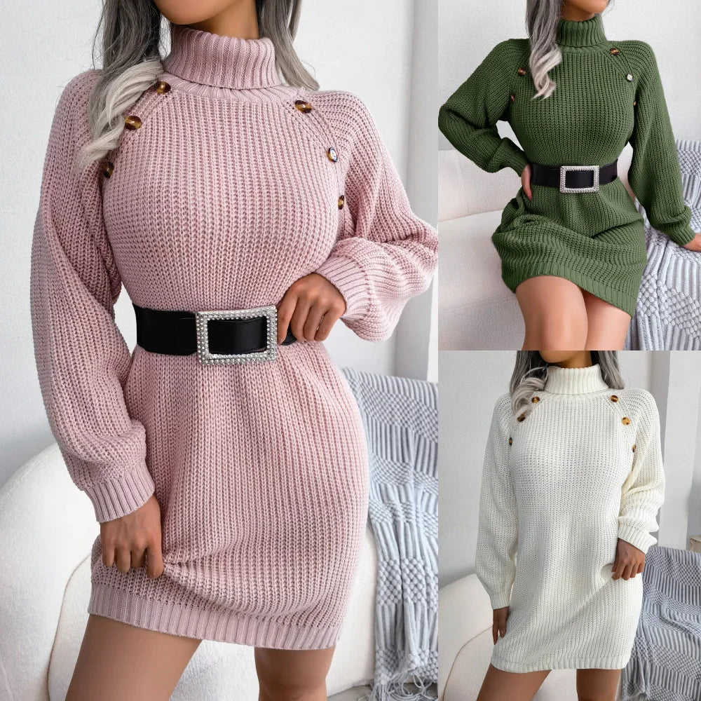 Women Dresses Long Sleeve Turtleneck Pullover Knitting Sweaters Dress Button High Street Vestidos Sexy Wrap Buttocks Elegant