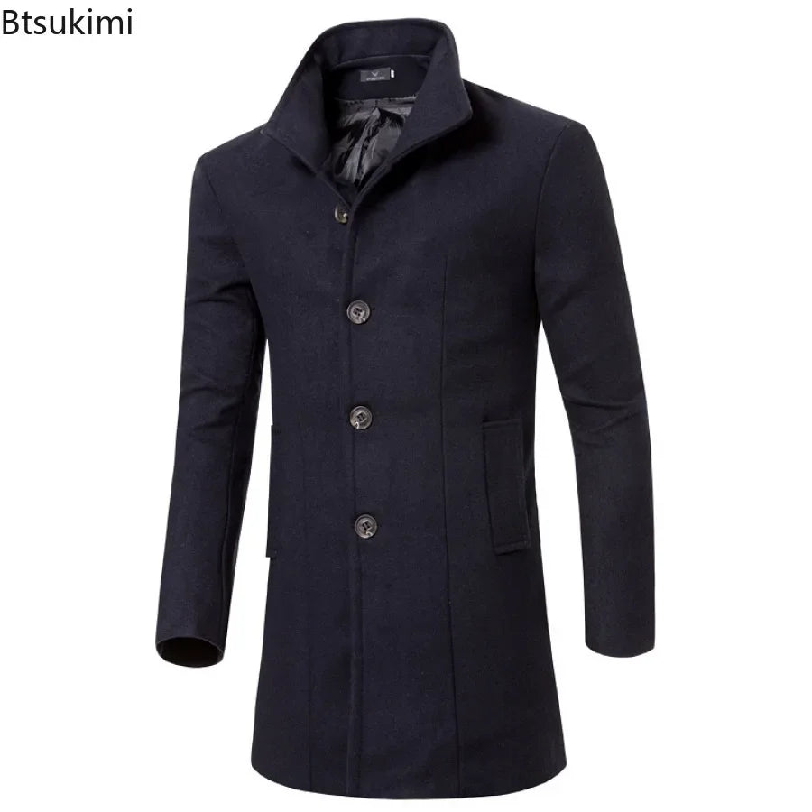 2024 Men's Warm Woolen Trench Jacket Solid Slim Woollen Jacket Coats Male Fashion Windproof Stand Collar Long Outwear for Men