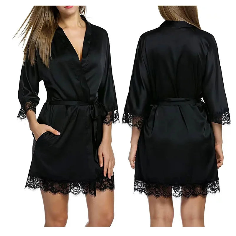 Women's New Robe Sexy Nightgown Ice Silk Underwear Home Lace Robe Bathrobe Sexy Ice Silk Large Size Pajama Dress Home Wear