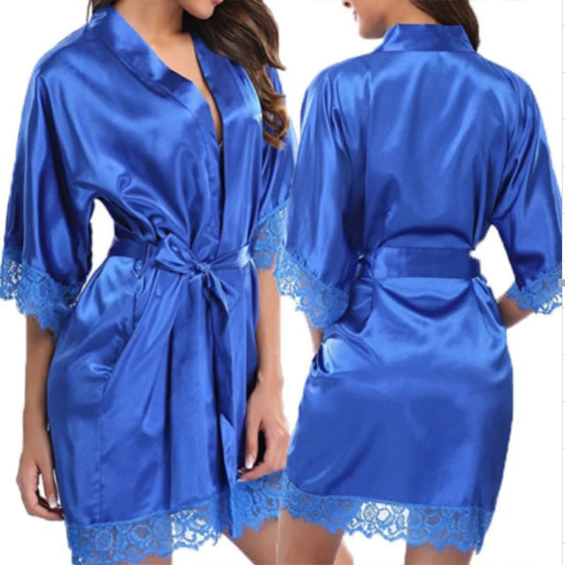 Women's New Robe Sexy Nightgown Ice Silk Underwear Home Lace Robe Bathrobe Sexy Ice Silk Large Size Pajama Dress Home Wear