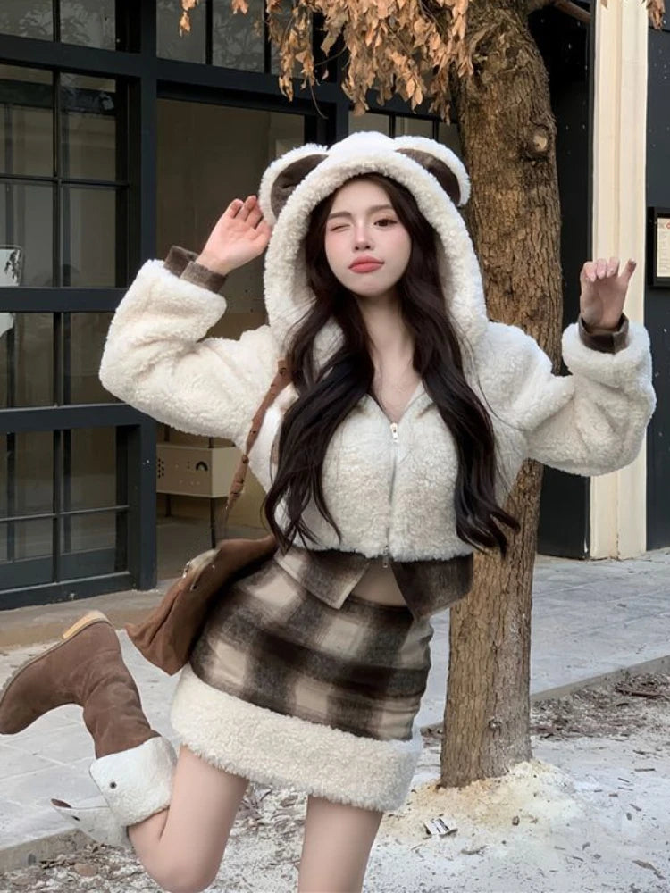 2024 Spring Japanese Style Kawaii Warm Suit Outwear Casual Coat + Slim Plaid Y2k Mini Skirt Party Sweet Cute Sets Woman Design