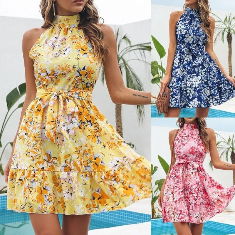 Lace Up Ruffle Hem Large Floral Sleeveless Dress For Women's Wear Polyester Vestidos De Verano Para Mujer Vestiti Donna Eleganti