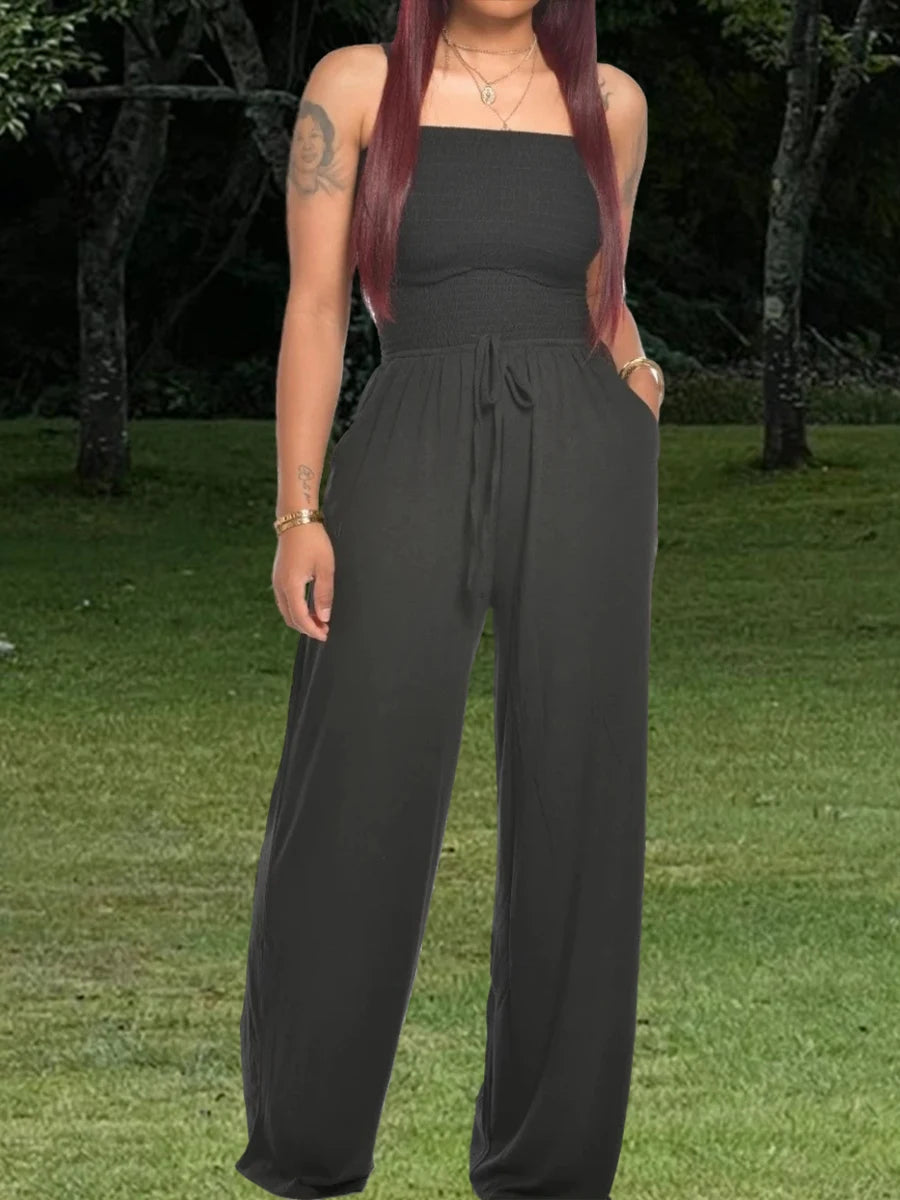 Jumpsuits Women Tienda Traf One Pieces Suit Outfits Romper Sexy Flat Shoulder Bodysuit Wrapped Chest Wide Leg Siamese Summer